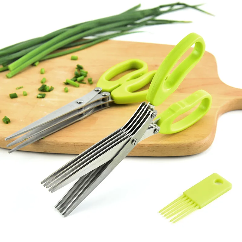 Kitchen Gadgets Green - Keuken multifunctionele roestvrijstalen drielaagse/vijflaagse groene uienschaar